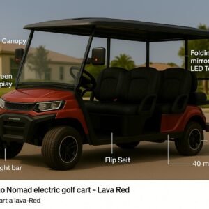 Denago Nomad electric golf cart in Lava Red with labeled features including touchscreen display, LED light bar, lithium-ion battery, and 4-passenger seating.