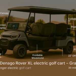 2025 Denago Rover XL electric golf cart in Gray with labeled features including touchscreen display, LED light bar, lithium-ion battery, premium seating, and 4-passenger capacity.
