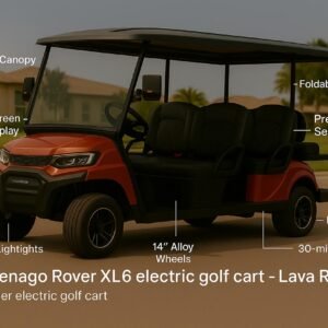 2025 Denago Rover XL6 electric golf cart in Lava Red with labeled features including touchscreen display, LED light bar, lithium-ion battery, premium seating, and 6-passenger capacity.