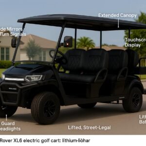 2025 Denago Rover XL6 electric golf cart with labeled features including LED light bar, touchscreen display, lithium battery, and 6-passenger seating.